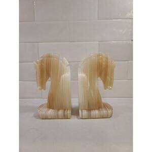 Vintage Banded Onyx Horse Head Bookends Pair 6" Hand Carved Marble Mid Century